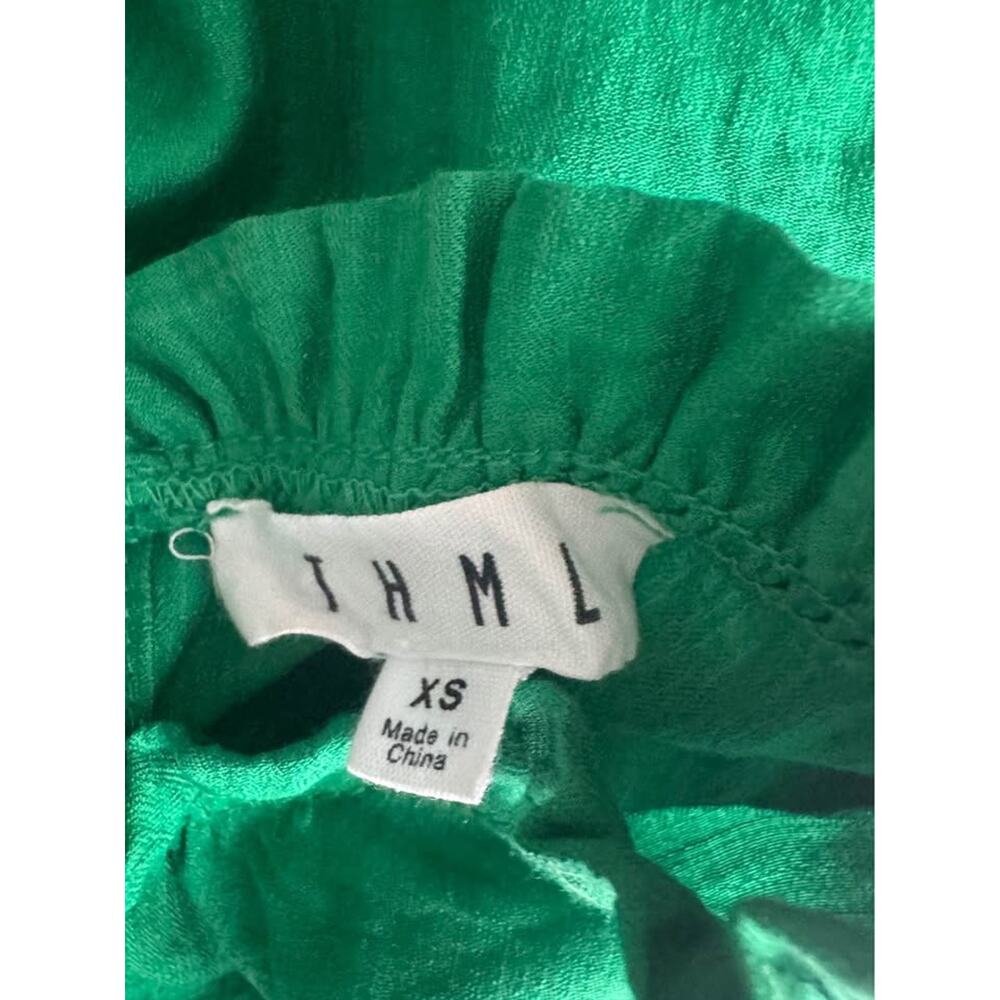THML Womenms XS Green Mock Neck Blouse Top with Pink Embroidered Puff Sleeves - Picture 7 of 7